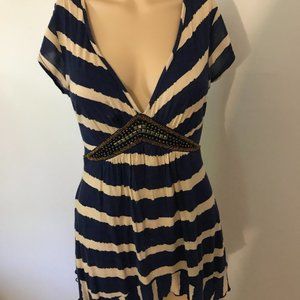 Venus Striped Blue/Taupe V-Neck Short Sleeve Shirt